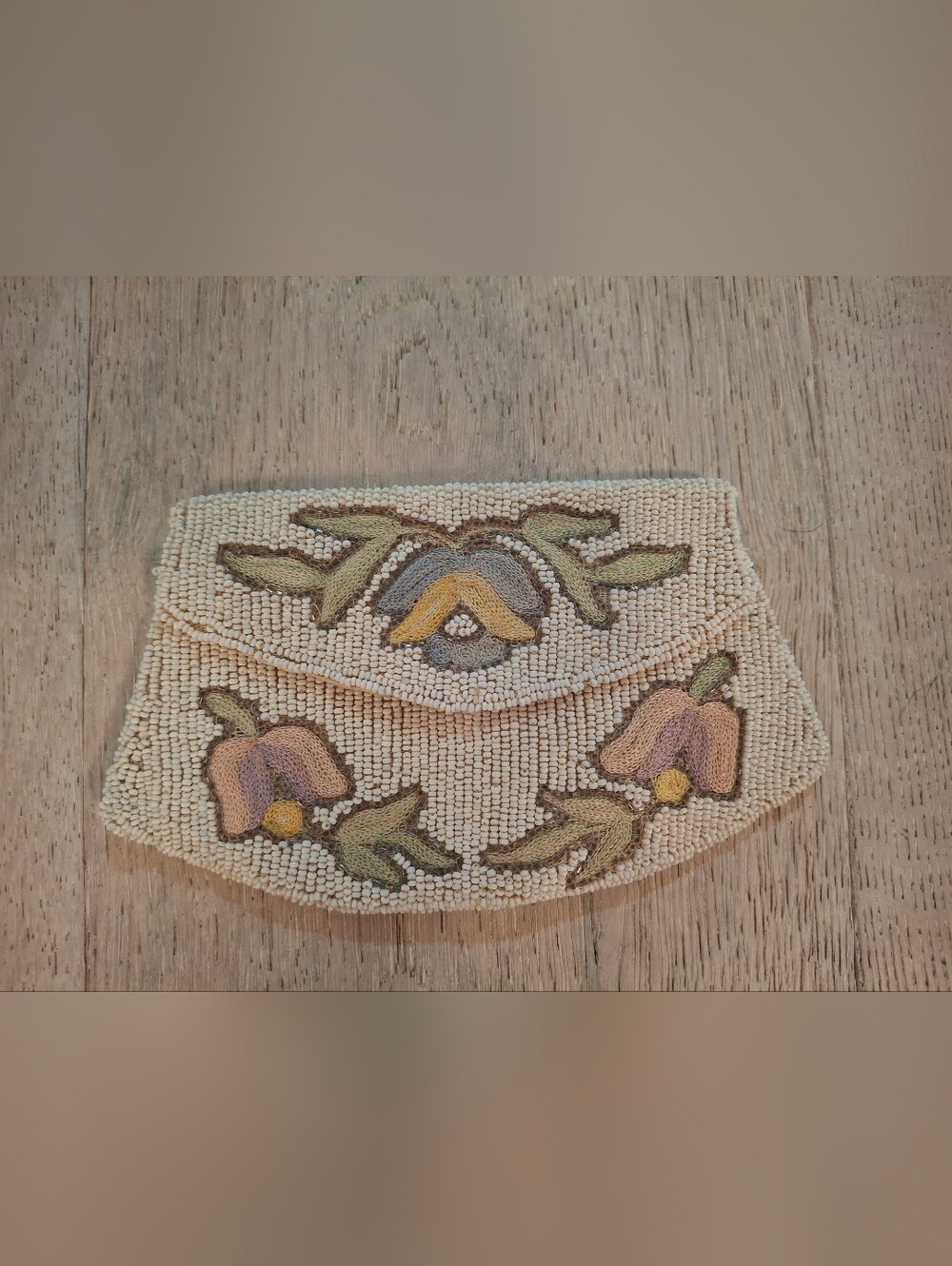 Vintage 1930s Cream Beaded Floral Clutch with Pastel Accents